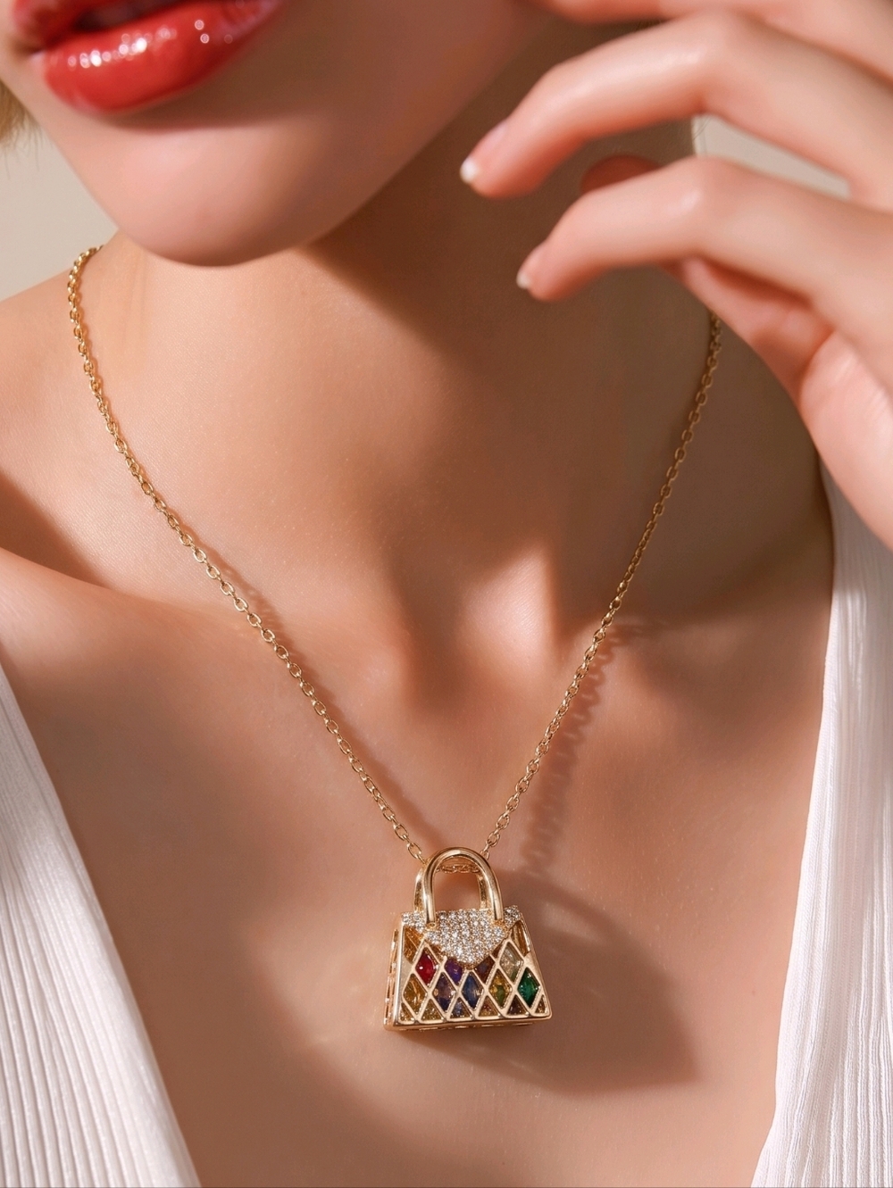 Gold Handbag Necklace Rhinestone Purse Pendant Cute Bling Fashion Jewelry Gift